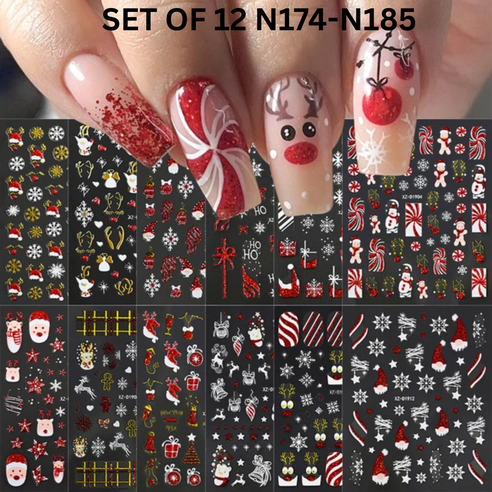 Set of 12 Christmas 3D Nail Decals – Holiday Reindeer, Candy Cane, Santa & Snowf
