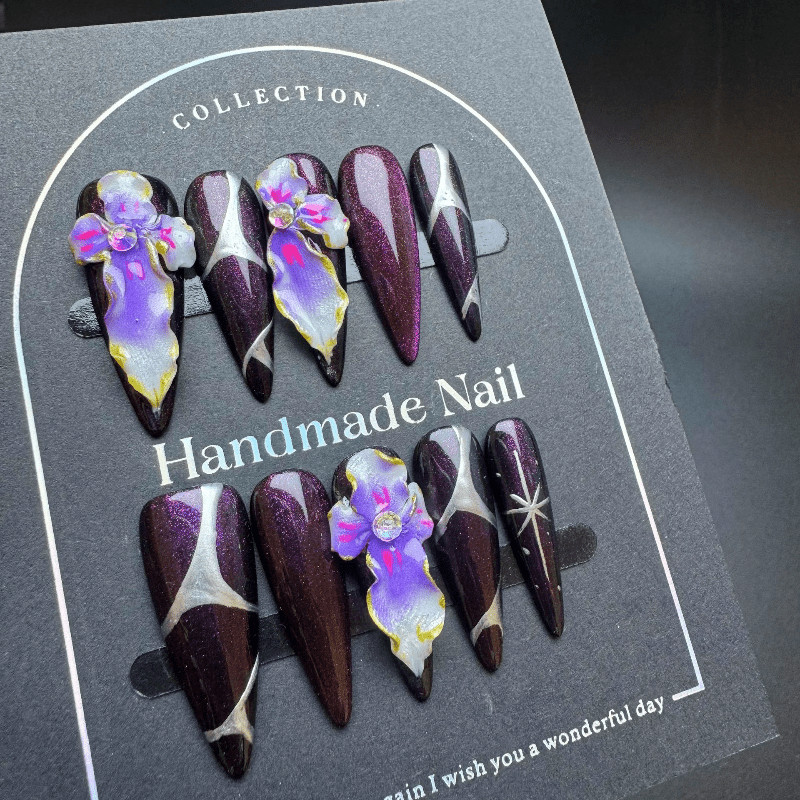 Dark Purple Iris Handmade Press on Nails Glitter 3D Flower Gothic Fake Nails