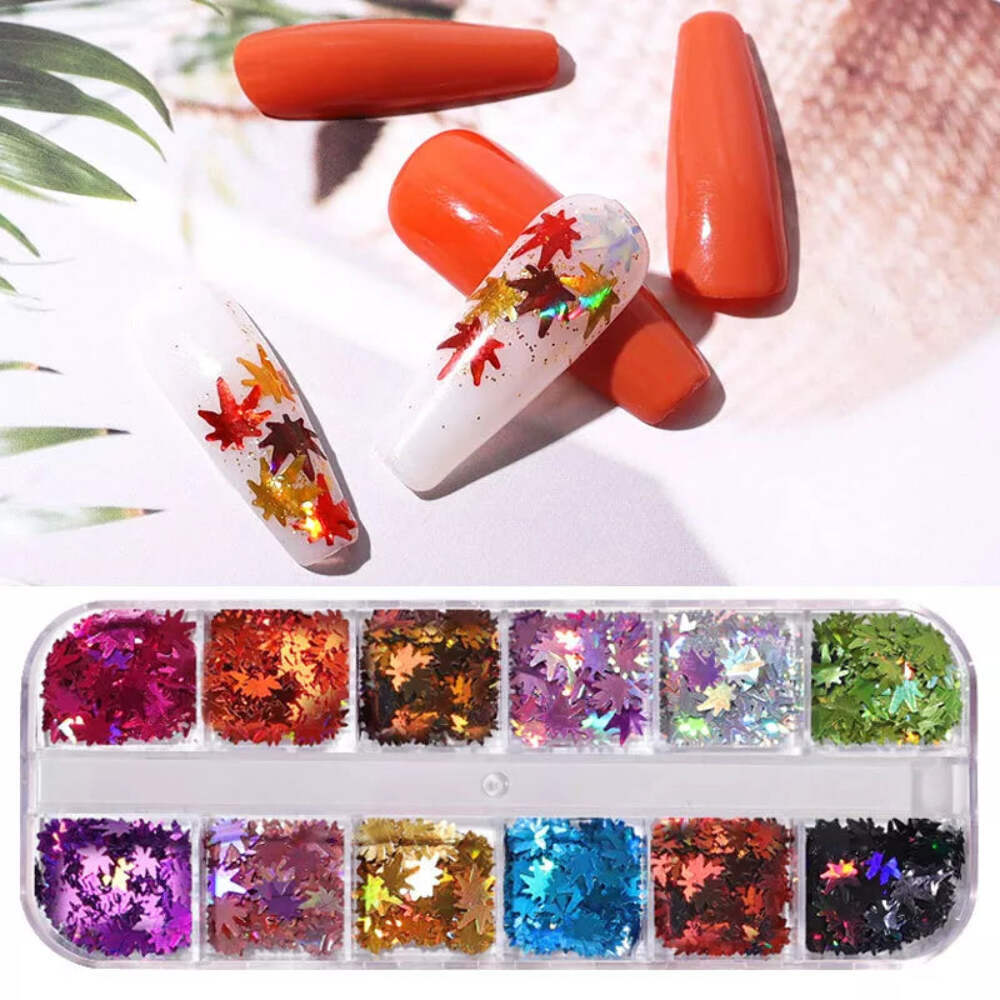 12 Colors Holographic Maple Leaf Nail Art Flakes Fall Leaf Glitter Nail Design
