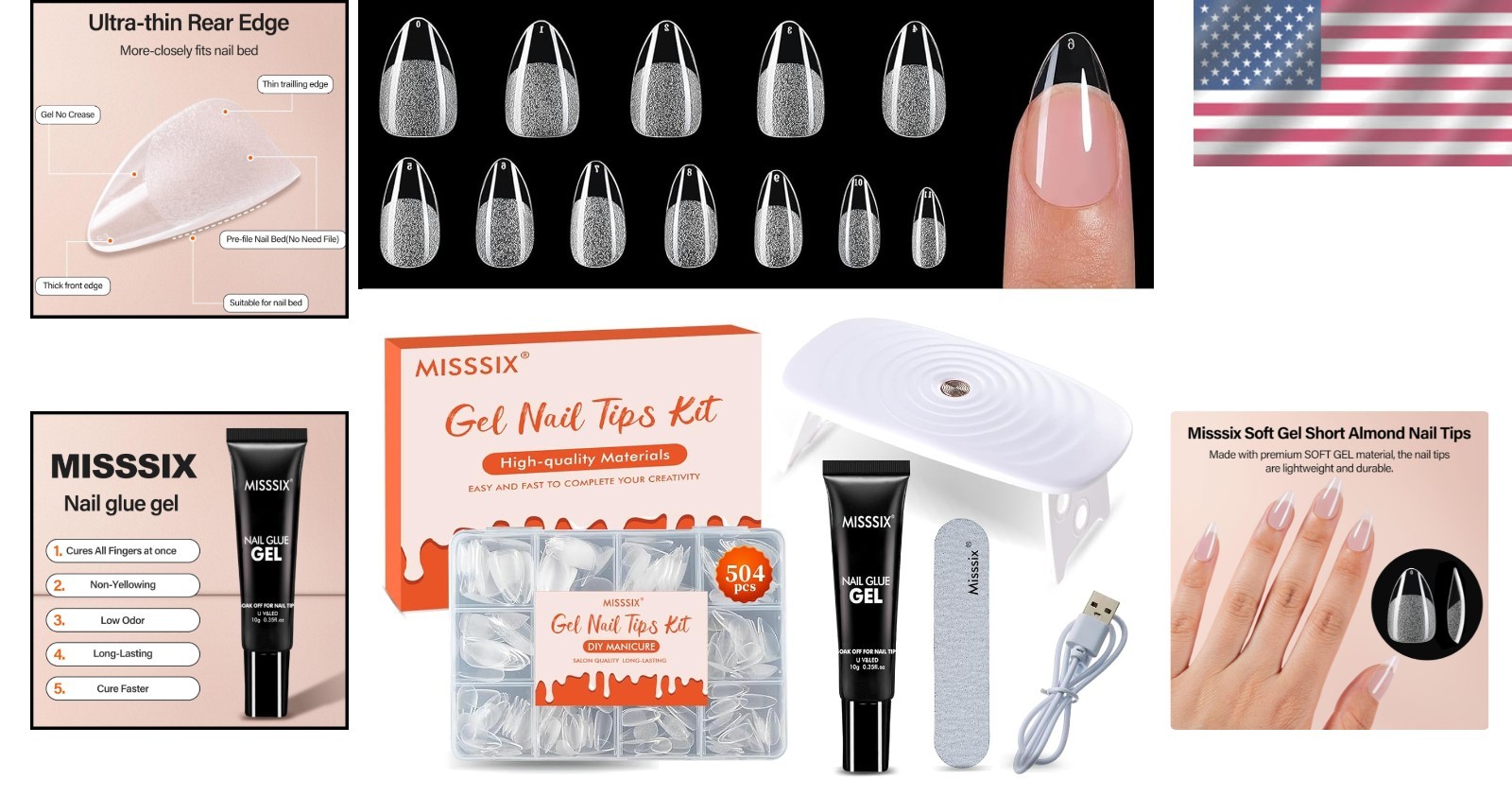 Short Almond Nail Tips Kit 504pc Clear Full-Cover 9in1 Gel Glue Portable UV Lamp