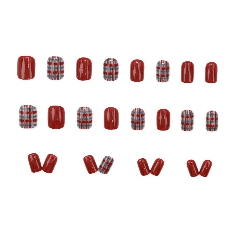 48 Pcs Red Plaid Press on Nails, Short Square Glossy Autumn Fake Nails