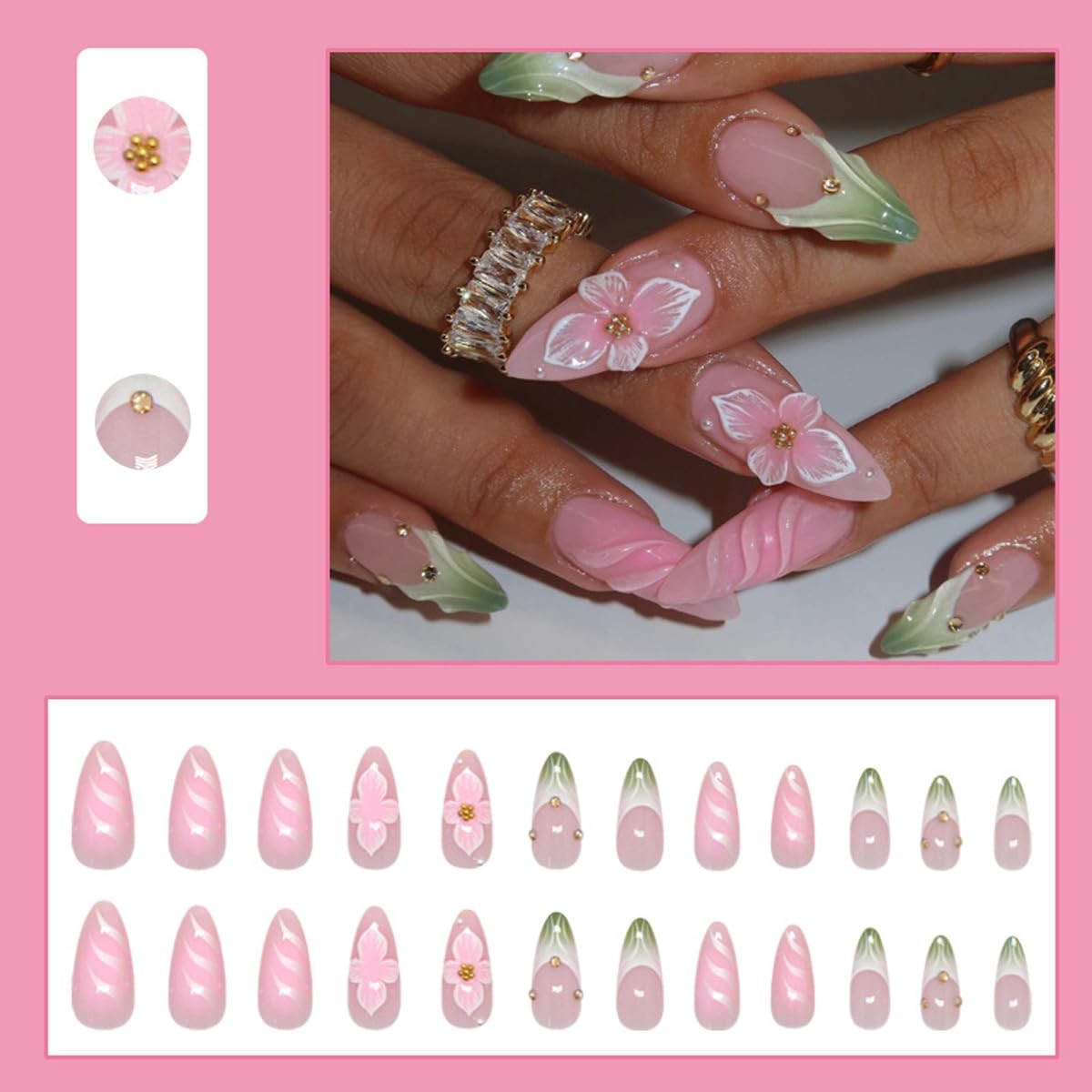 24Pcs Flowers Press on Nails Medium Almond French Tip Fake Nails with Glue Pi…