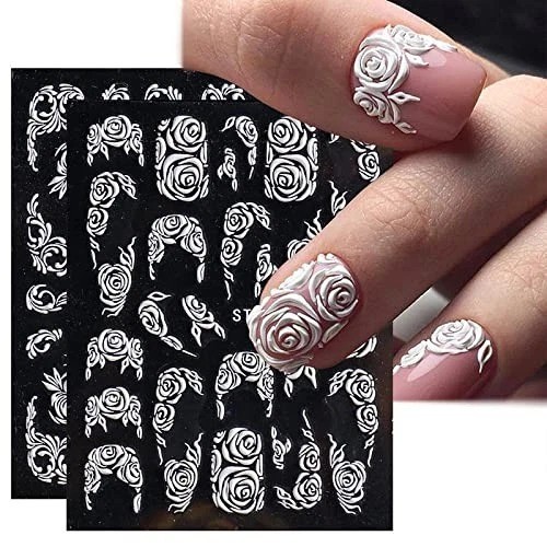 White Flower Nail Art Stickers Decals 5D Hollow Nail Stickers White Lace Rose