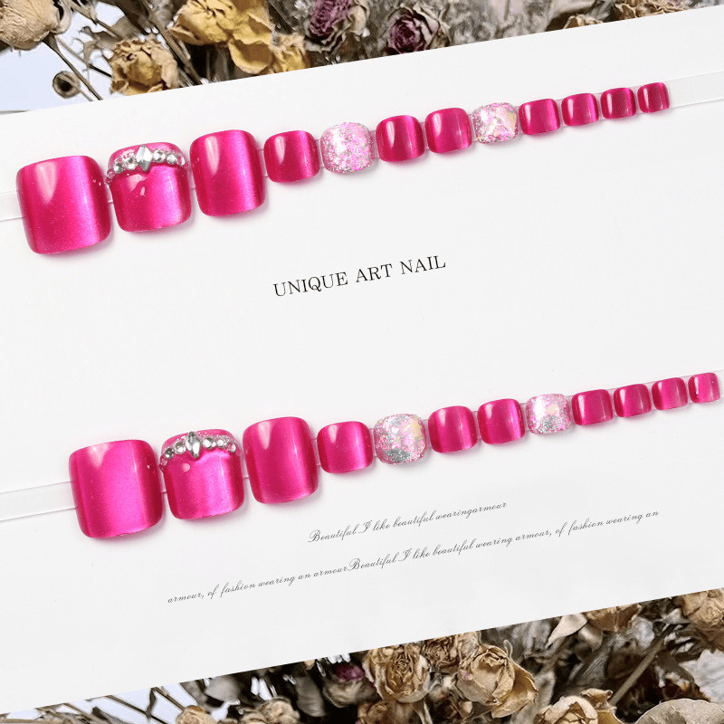 48pcs Short Square Toe Press on Nails, Fuchsia Clear Rhinestone Gloss Foot Nails