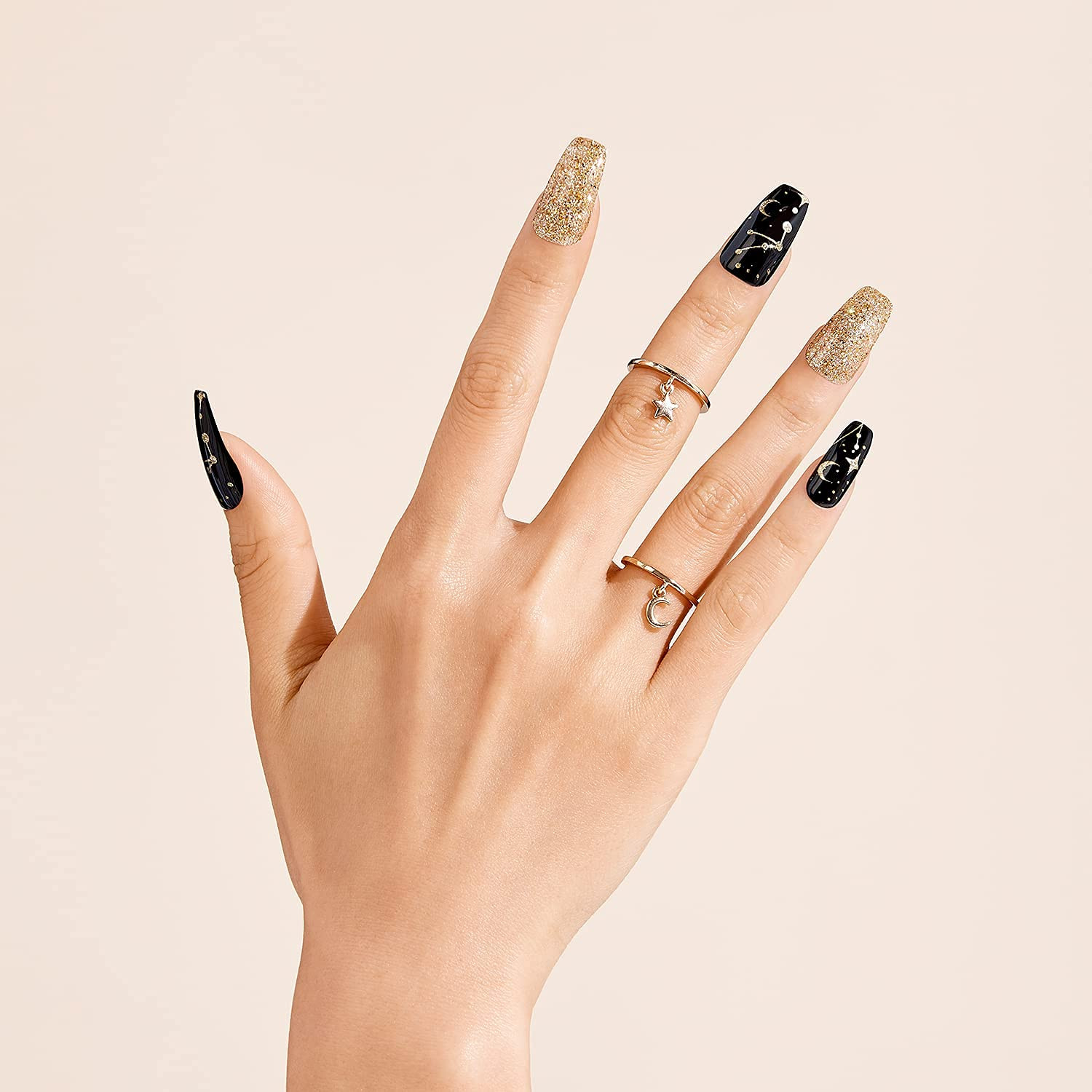 Gold Finger Gel Glam Press on Design Nail Kit, Black and Gold Artsy Design, Poli