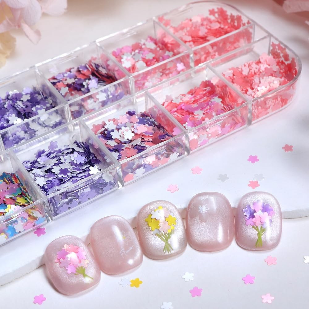 Little Flower Nails Sequins Spring Summer Colorful Nails Glitter Flakes Desig…