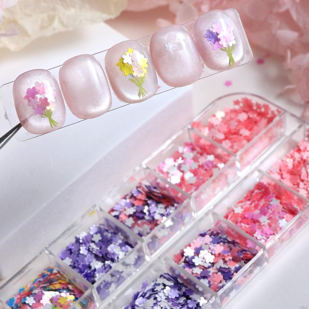 Little Flower Nails Sequins Spring Summer Colorful Nails Glitter Flakes Desig…