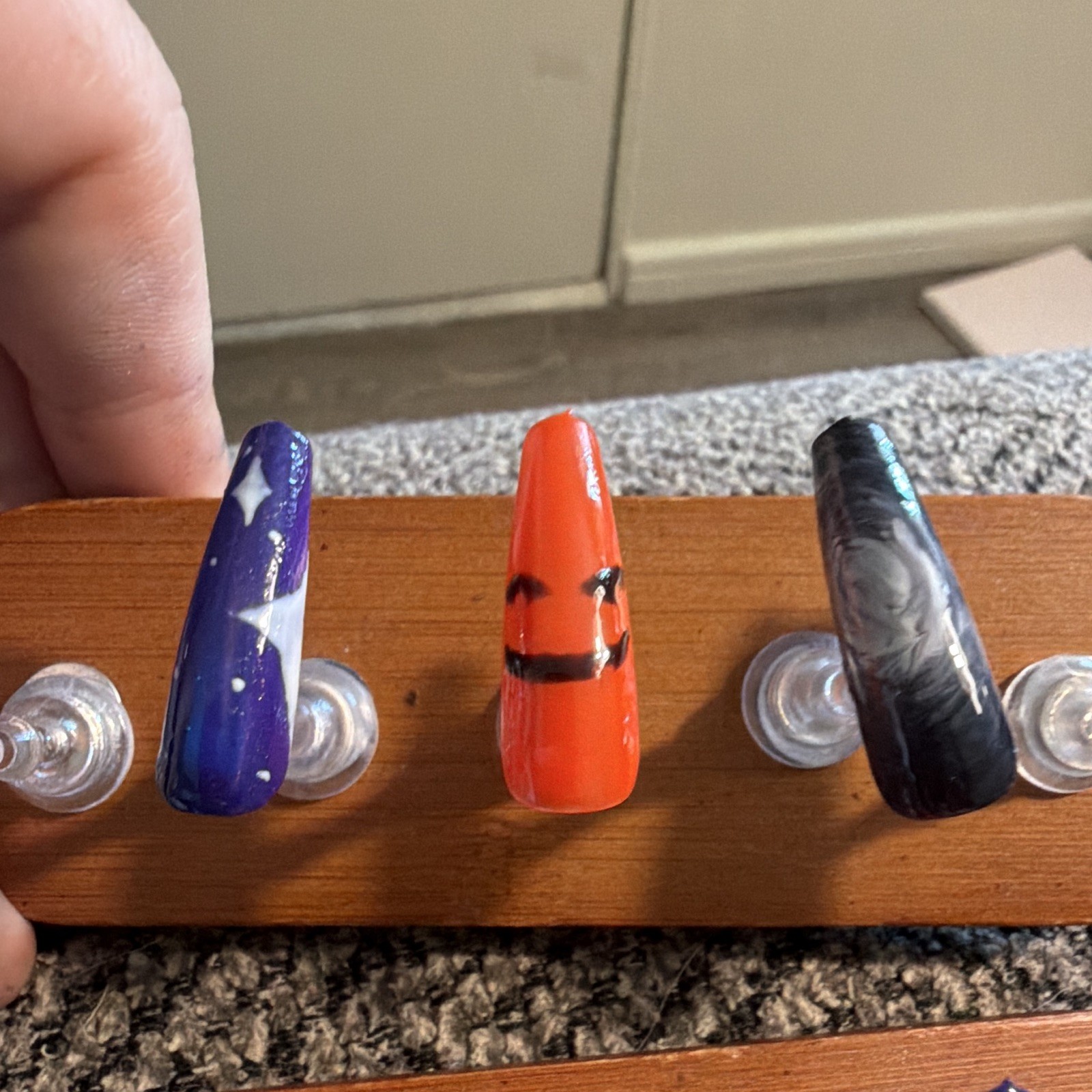 Long Coffin Press-On Nails Black/Orange/Purple Stars Pre-Designed Shiny