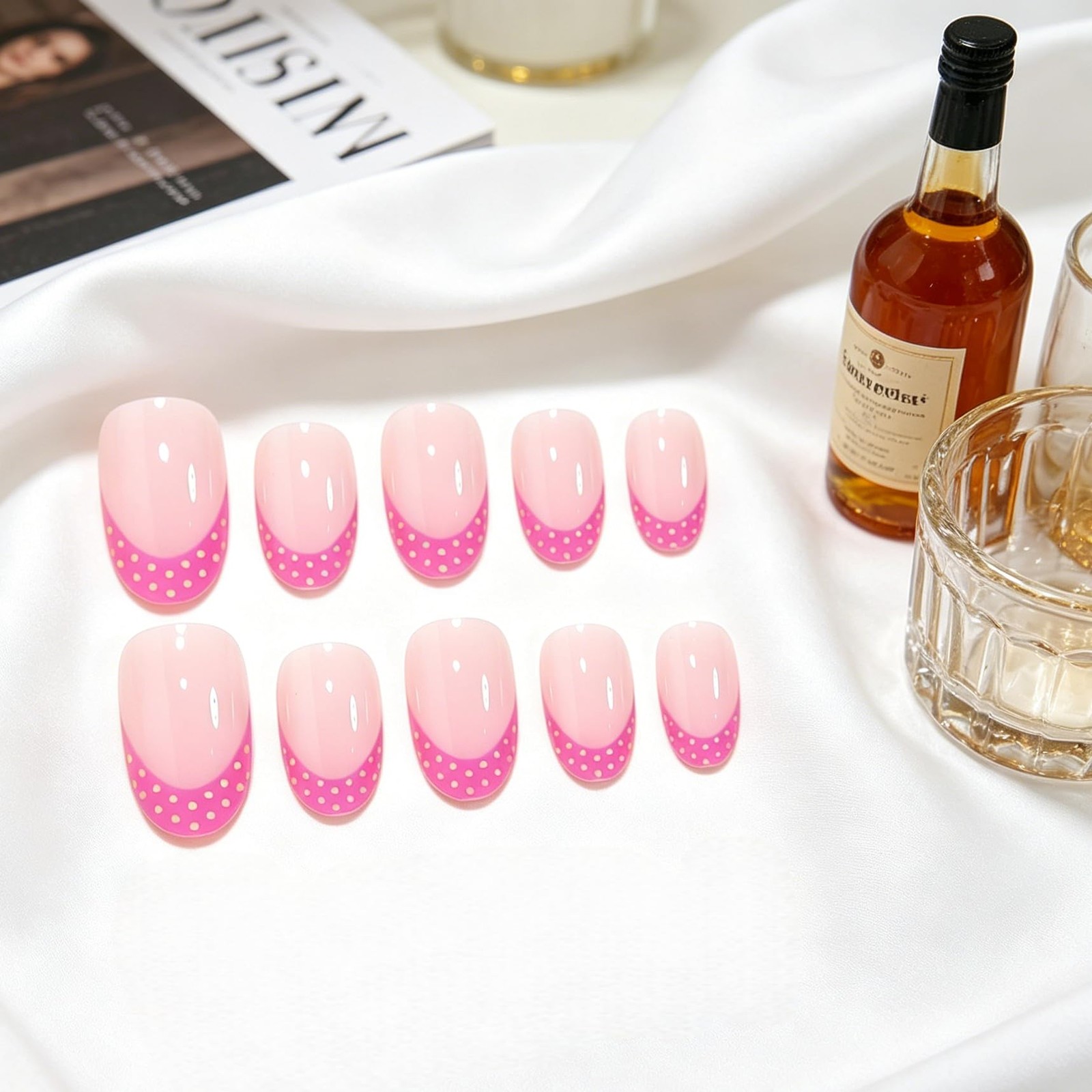Hot Pink French Tip Press On Nails Short Oval, Polka Dot Press On Nails Almon…