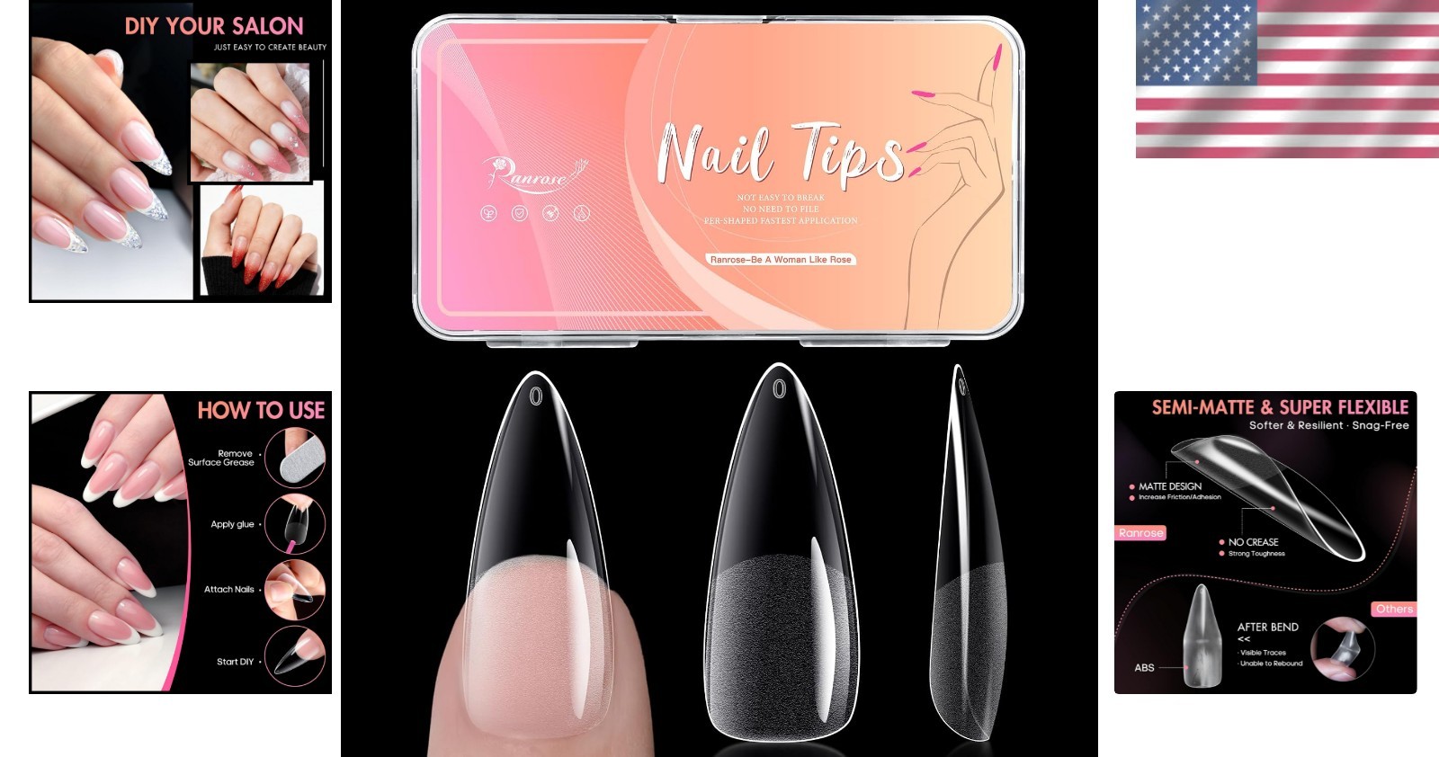 240PCS Long Almond Nail Tips – Easy DIY Full Cover Half Matte Acrylic Nails