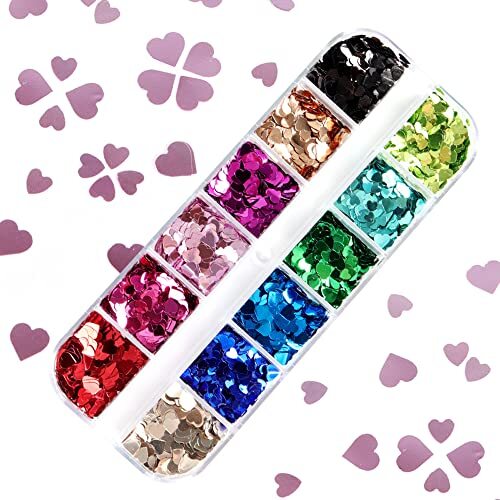 Heart Glitter Sequins for Valentine’s Day Nail Art,12 Colors 3D Holographic