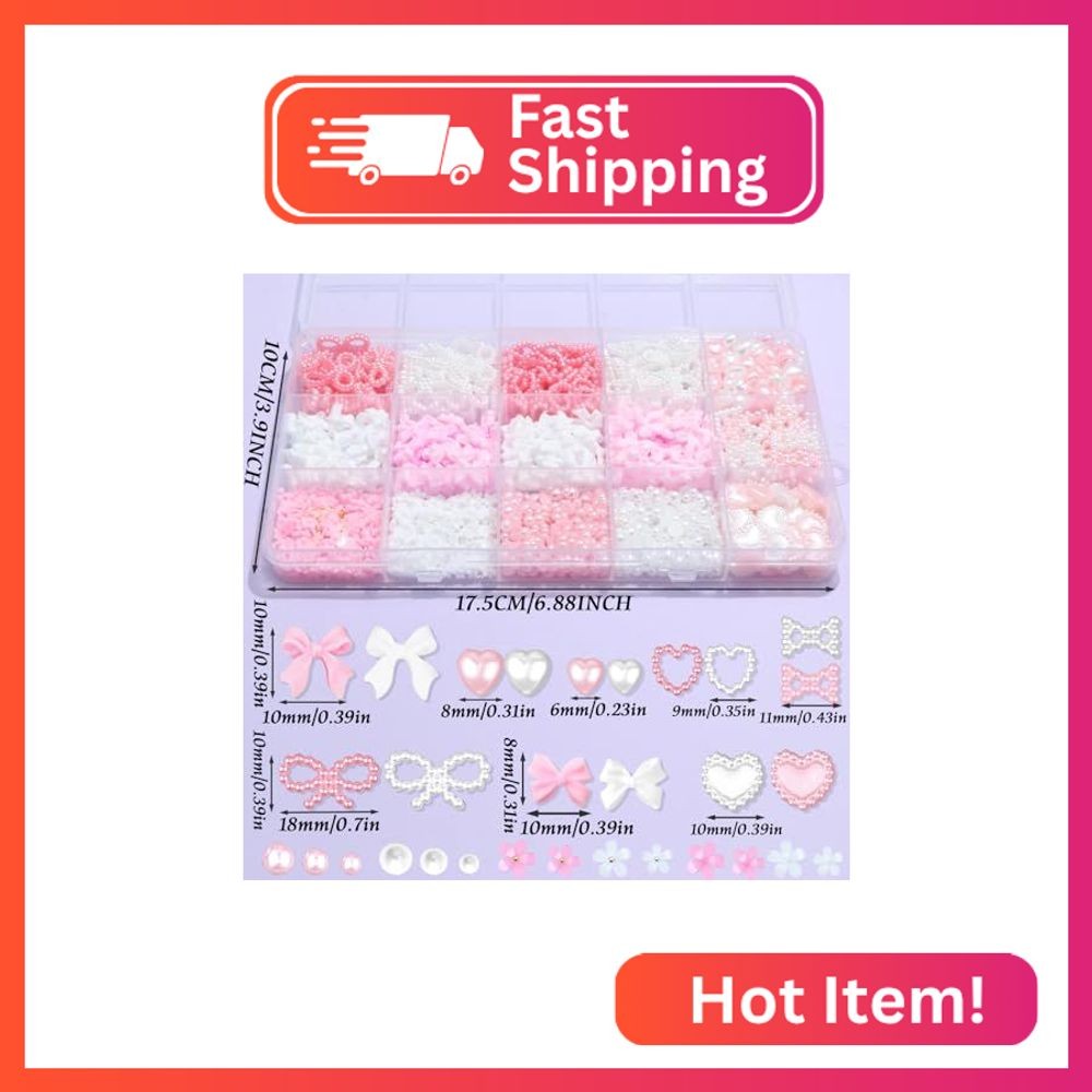 RODAKY Bow Nail Charms Pink White 3D Bowknot Heart Flower Art Charm Flatback Pea