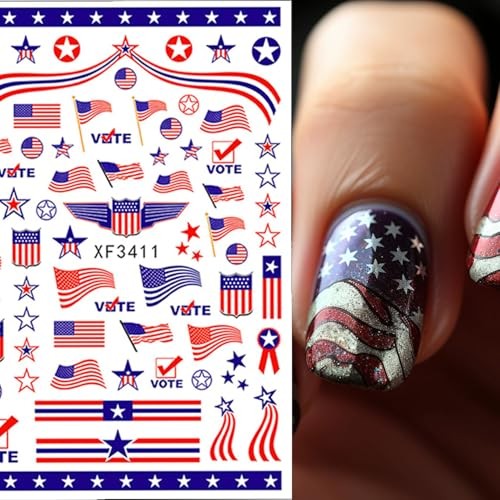 8 Sheets Independence Day Nail Stickers Blue Red Nail Decals Flag Blue, Red-8