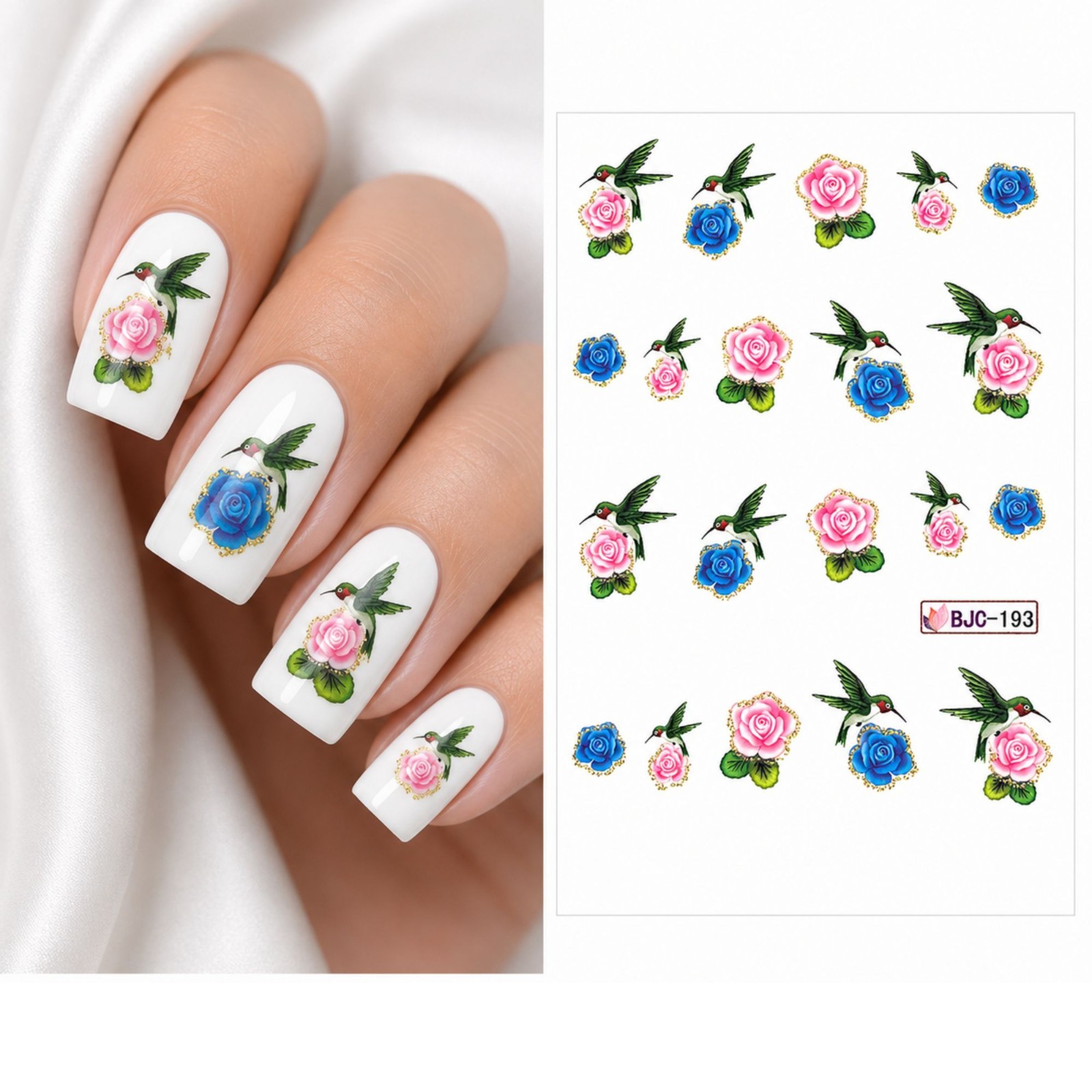 Pink Blue Rose Hummingbird Nail Stickers Water Slide Transfer Decals Girls Gift