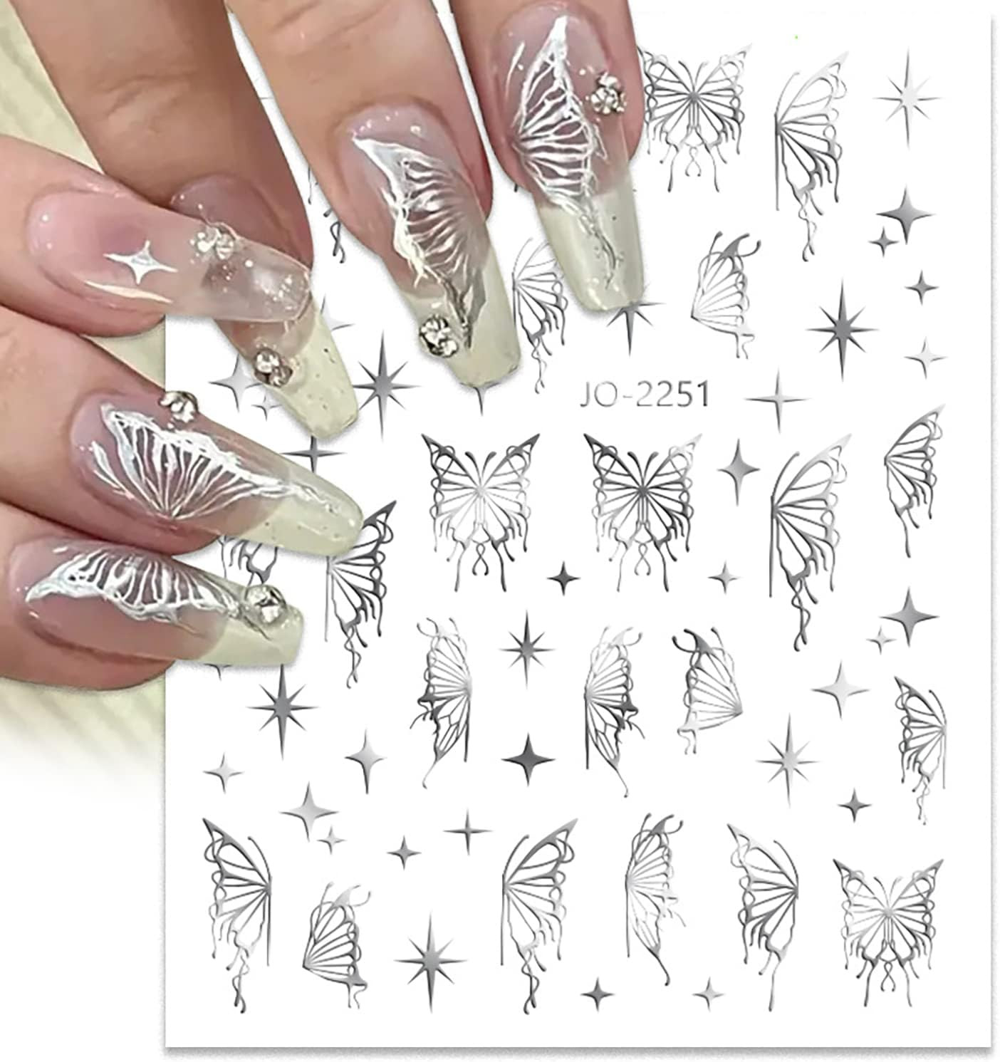 Butterfly Nail Art Sticker Decals, Laser Silver Black White Butterflies Nail Sel