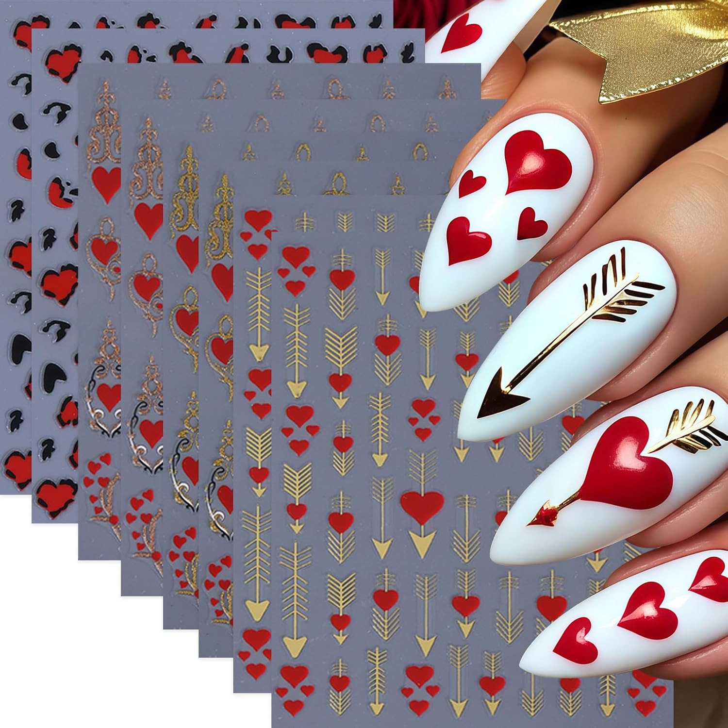 6 Pcs Valentines Day Nail Art Stickers Decals 3D Self-Adhesive Red Rose Love Flo
