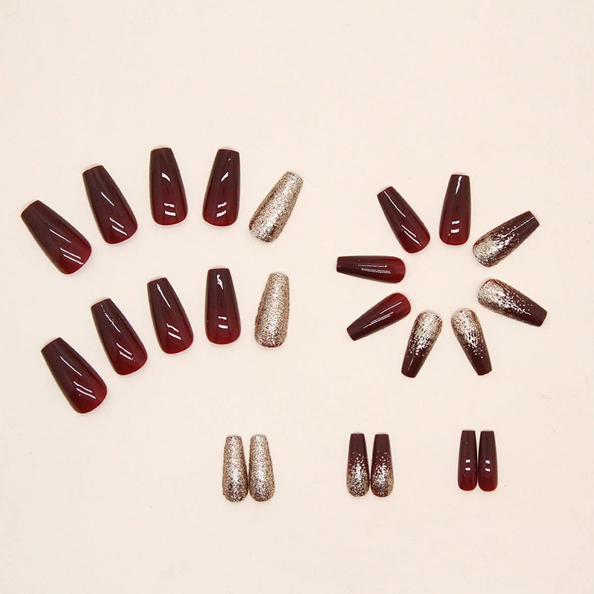 24Pcs Dark Wine Red Press on Nails Long Fake Nails Elegant Wine Red Gradient Des