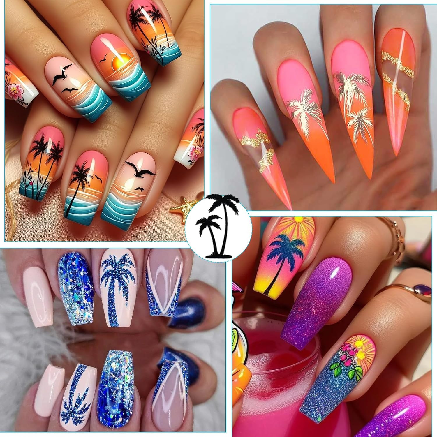 Summer Palm Tree Nail Art Stickers – Colorful Coconut Tree Seagull Self-Adhesive