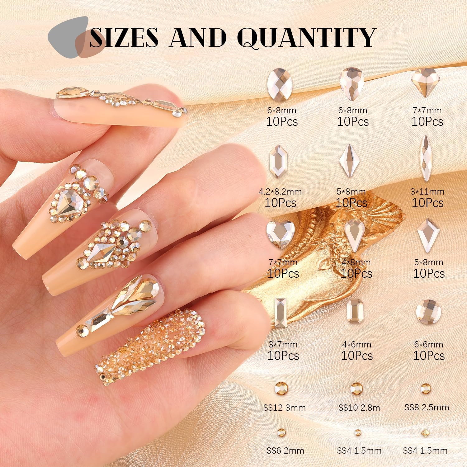 3100Pcs Champagne Gold Nail Rhinestones Kit, 1.5-3Mm Mini Nail Gems + Multi Shap