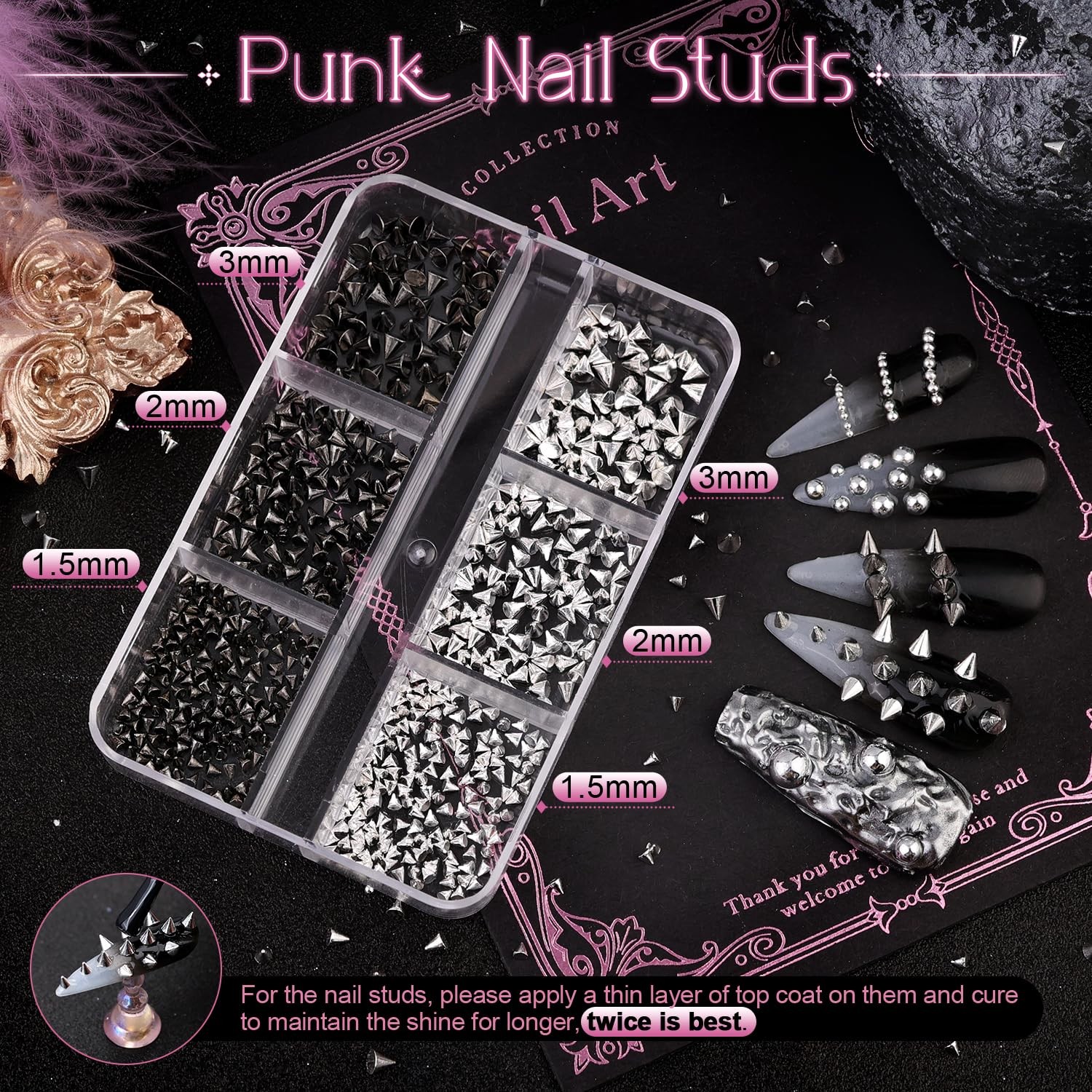 3D Mini Punk Nail Studs Cone Spike Alloy Rivets Black+Silver, Silver Flatback…