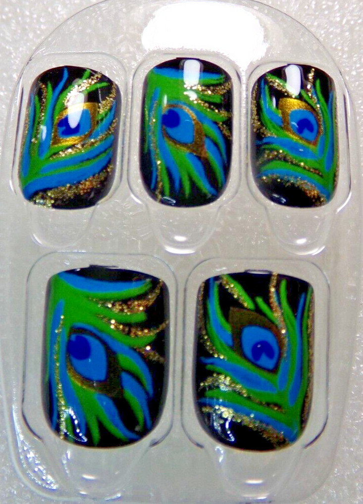 IMPRESS NAILS Elegant Peacock Feathers Blue Green Black PRESS ON SHORT