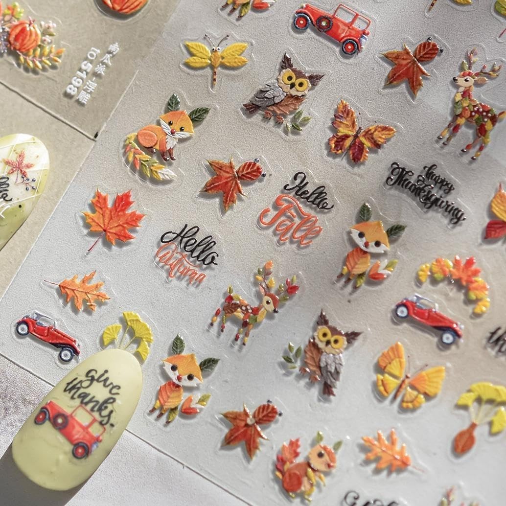 Fall Leaf Nail Art Stickers Fox Deer Nail Decals for Nails Art Autumn Leaf wi…