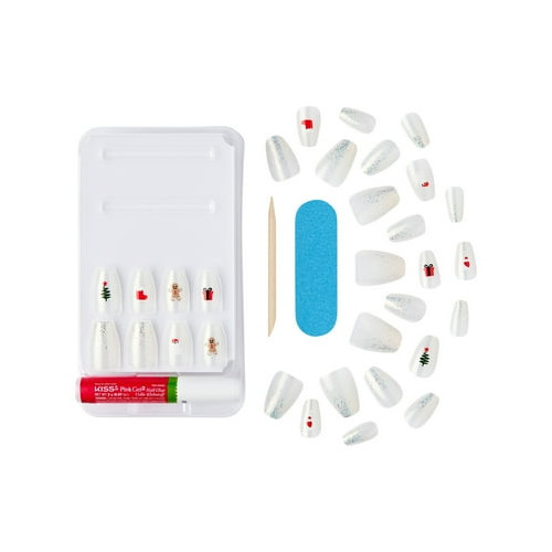 KISS Voguish Fantasy, Press on Nails, Fancy Elves, White, Short Coffin, 28 Count