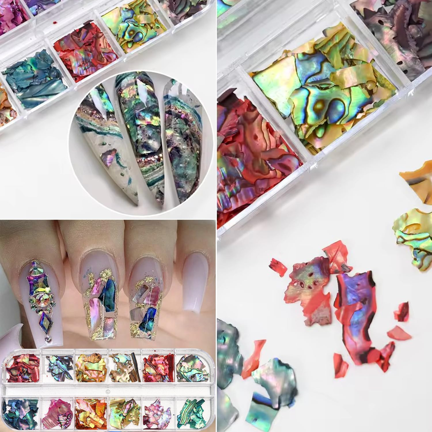 12Grids Nail Art Aurora Abalone Shell Flakes, Shiny Irregular Sea Shell 3D Charm