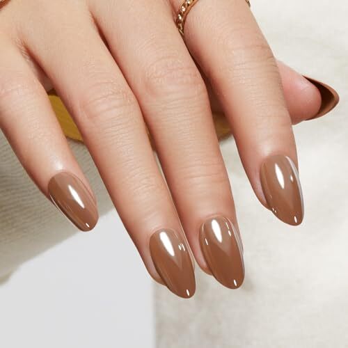 32Pcs Fall Press on Nails Almond, Upgrade Short Chrome Brown B1-Brown Gleam