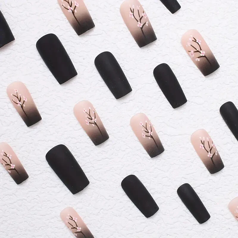 24 Pcs Press-On Oval Nails – Middle Length Black and Pink Gradient with Cherry