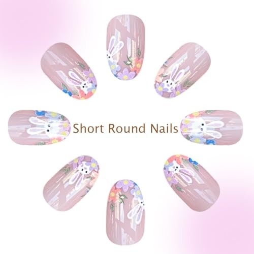 Easter Press on Nails Short Oval Fake Nails with Rabbit French Flower Bunny
