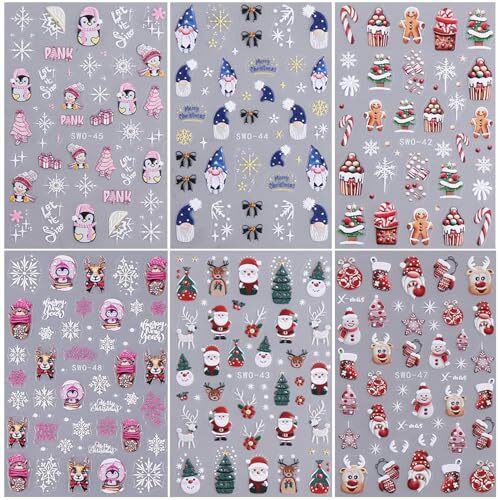 6Sheets Christmas 5D Embossed Nail Art Stickers Set, Shiny Cute Cute Christmas