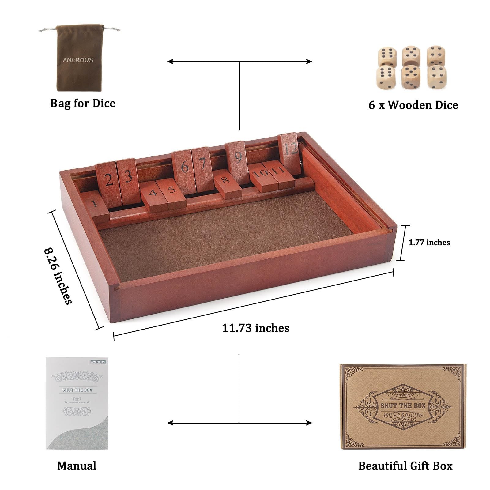 AMEROUS Shut The Box Dice Game，Wooden Board 220.5 cubic inches, Multicolor