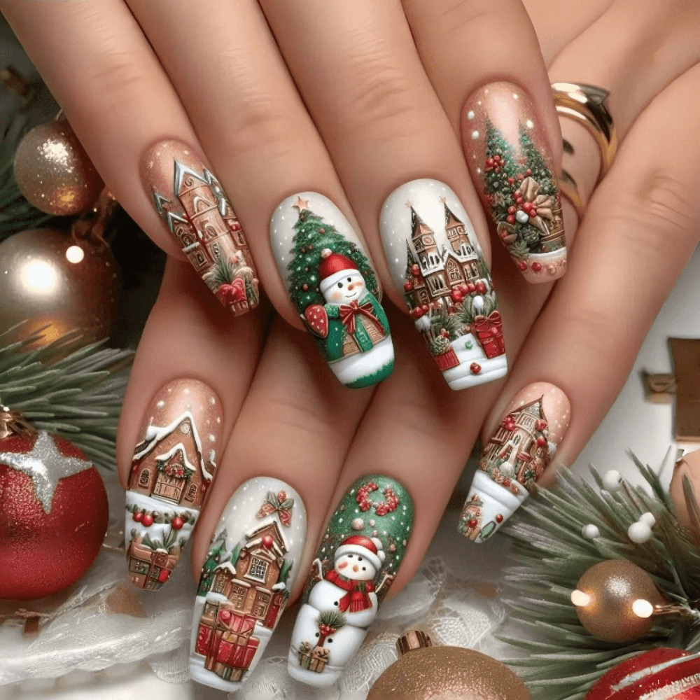 48pcs Christmas Press On Nail Santa Festive Holiday Reusable False Nail 5 Style