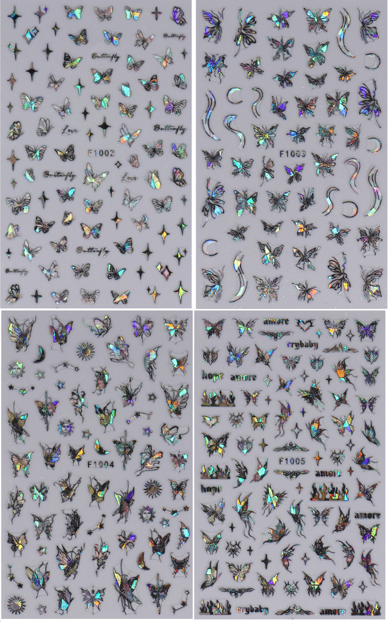 3 or 4Pcs Holographic Laser Pink Black Butterfly Star French Nail Stickers NS20