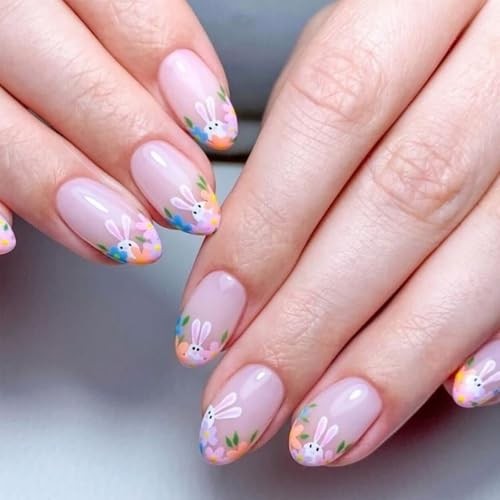 Easter Press on Nails Short Oval Fake Nails with Rabbit French Flower Bunny