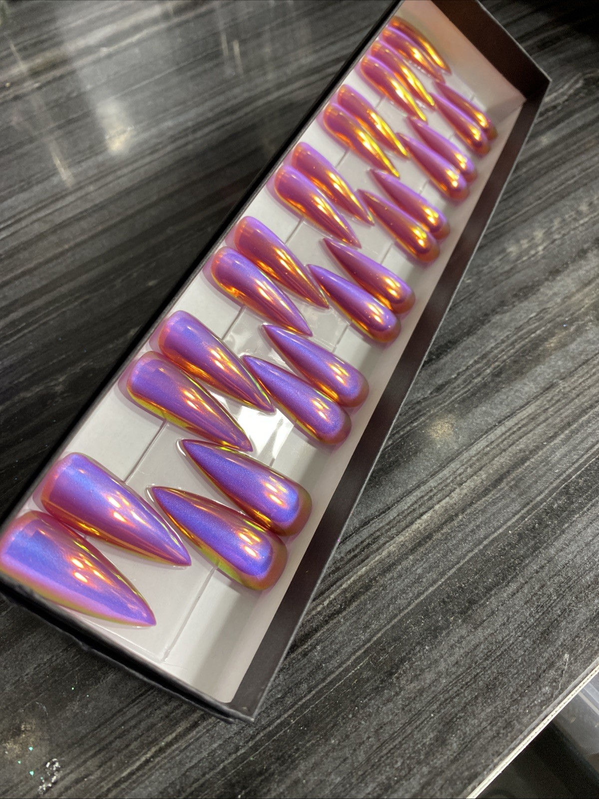 Press On Nails 26 Handmade Long Stiletto Ab Chrome Cateye Pink Gel / Gel Polish