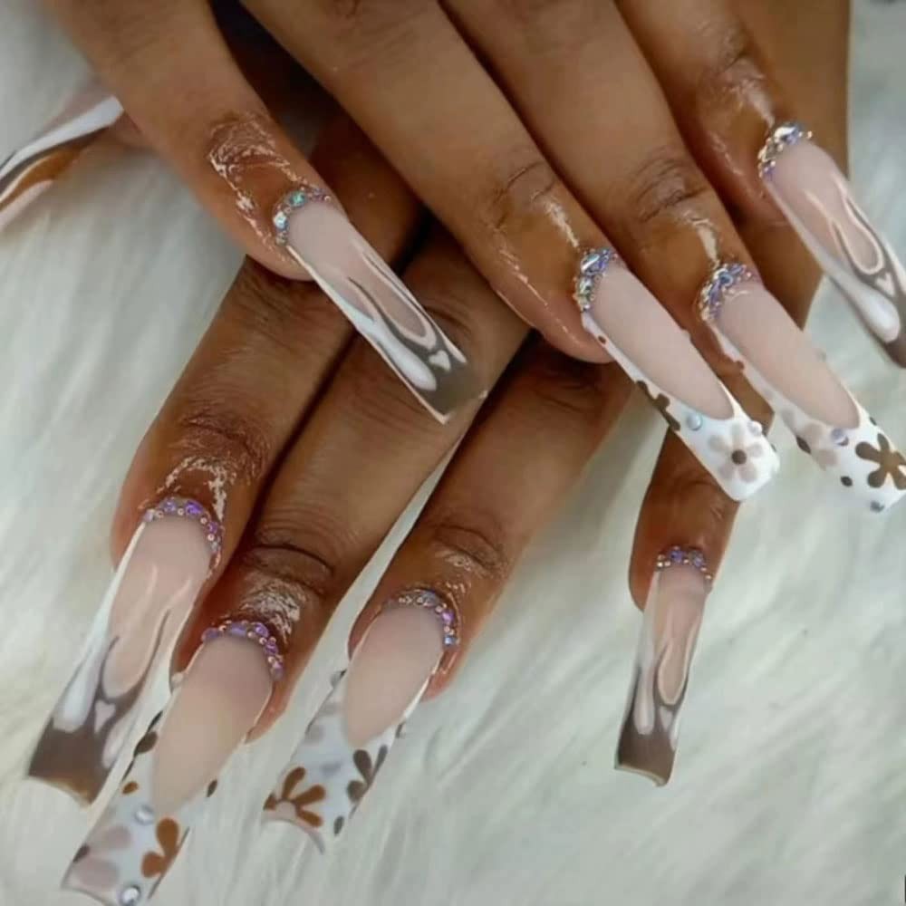 Press on Nails Long Fake Nails French Tips False Nails with Designs 24 pcs St…