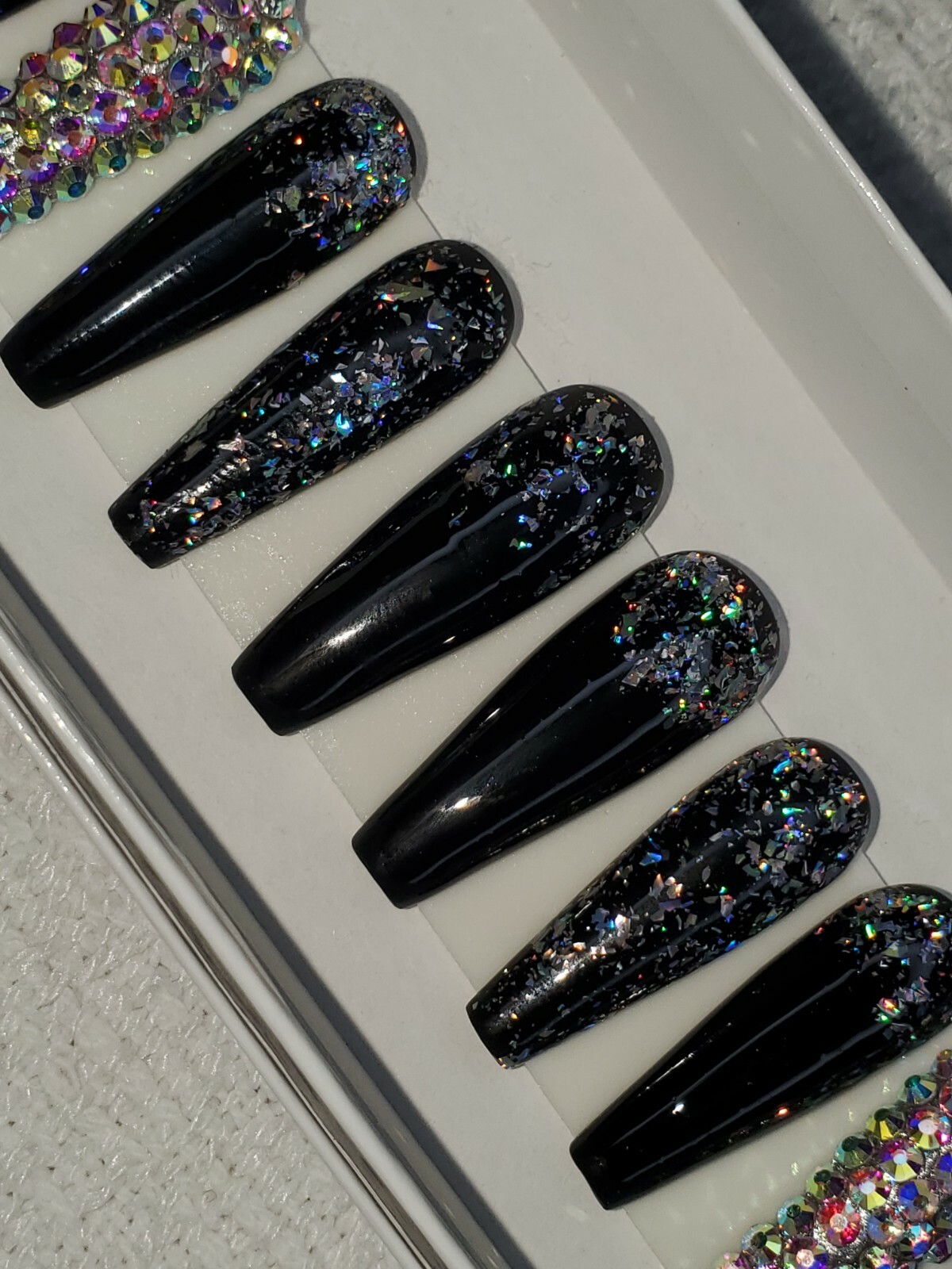 Black holographic glitter bling press on nails holo diamond crystal ballerina