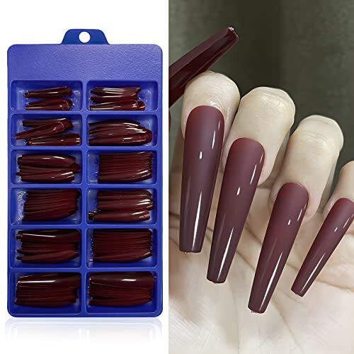 Long Press on Nails Full Cover Extra Long XXXL Glossy Coffin Press on Burgundy