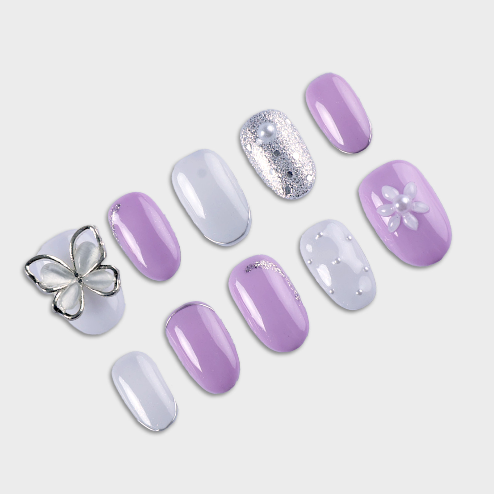 SIYOU Violet Butterfly Short Oval Glitter Pearl Press-On Nails 10pc