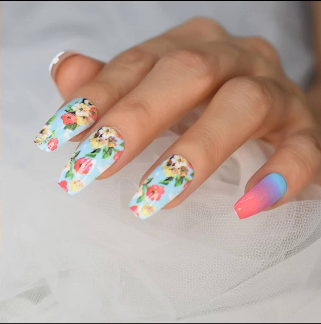 24 Press on nails kit w glue long coffin floral bright barbie pink