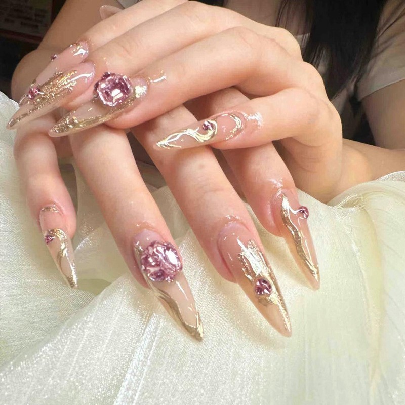 60p Stiletto Press on Nails, Nude Gold Foil Ruby Rhinestone Luxury Wedding Nails