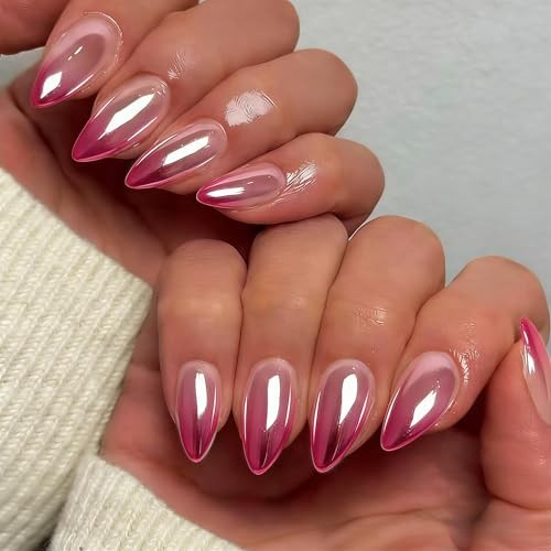 Almond Press on Nails – Medium – Medium – ombre Fushia – Chrome