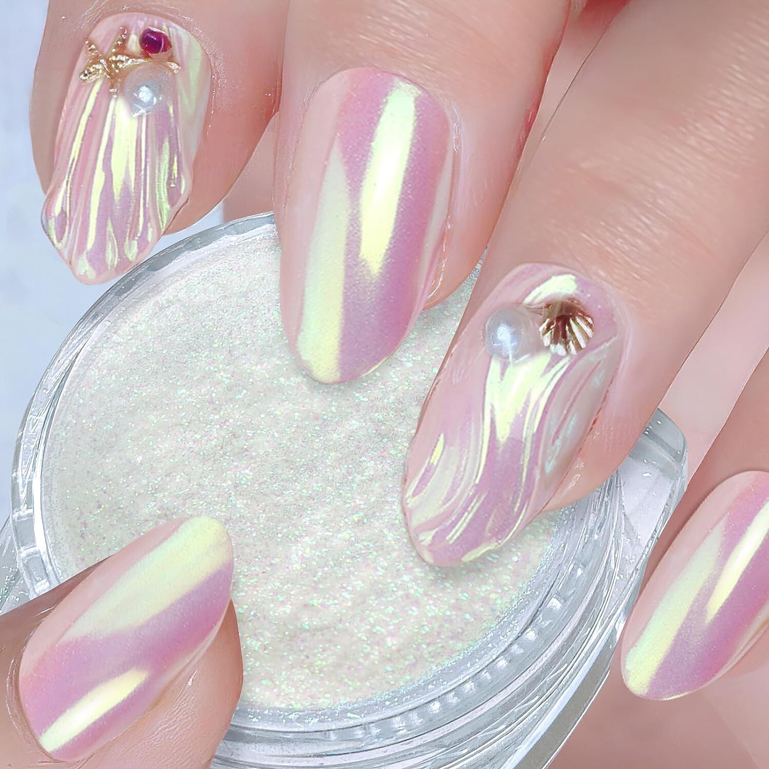 Aurora Chrome Powder Nail Glitter Mirror AB Opal Blue Iridescent Pearl Shimmer
