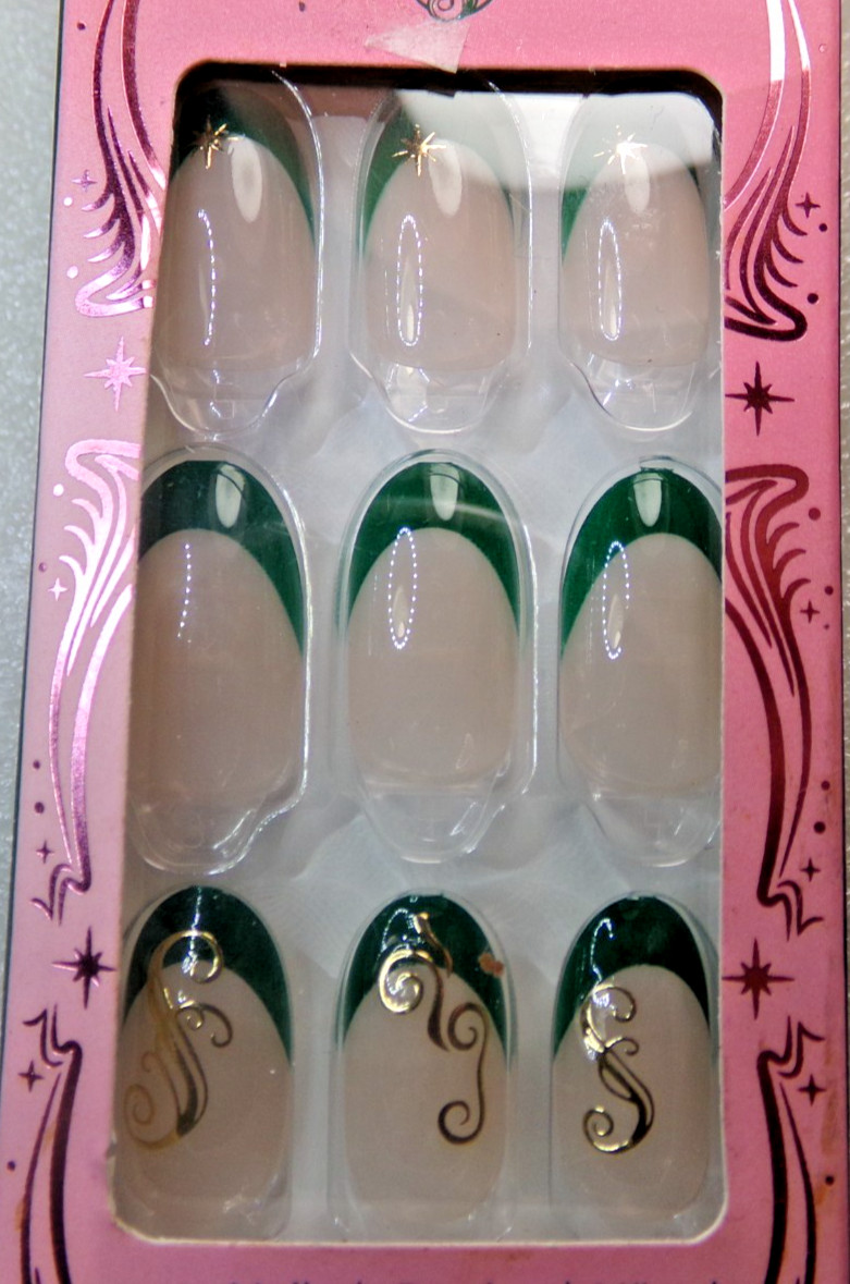 IMPRESS NAILS PRESS ON Medium- Shiny Green & Gold Oval Shape