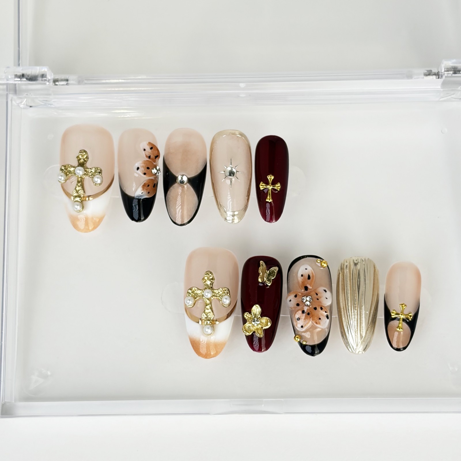 Sweet Gothic Rococo Press-On Nails with Pearl Cross & Metallic Accents Almond