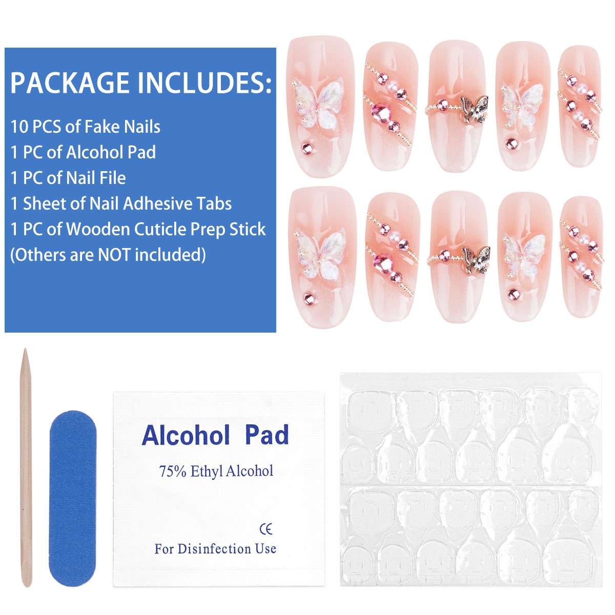 10pcs Long Square French Manicure Press-On Nails, Light Pink Butterfly Design