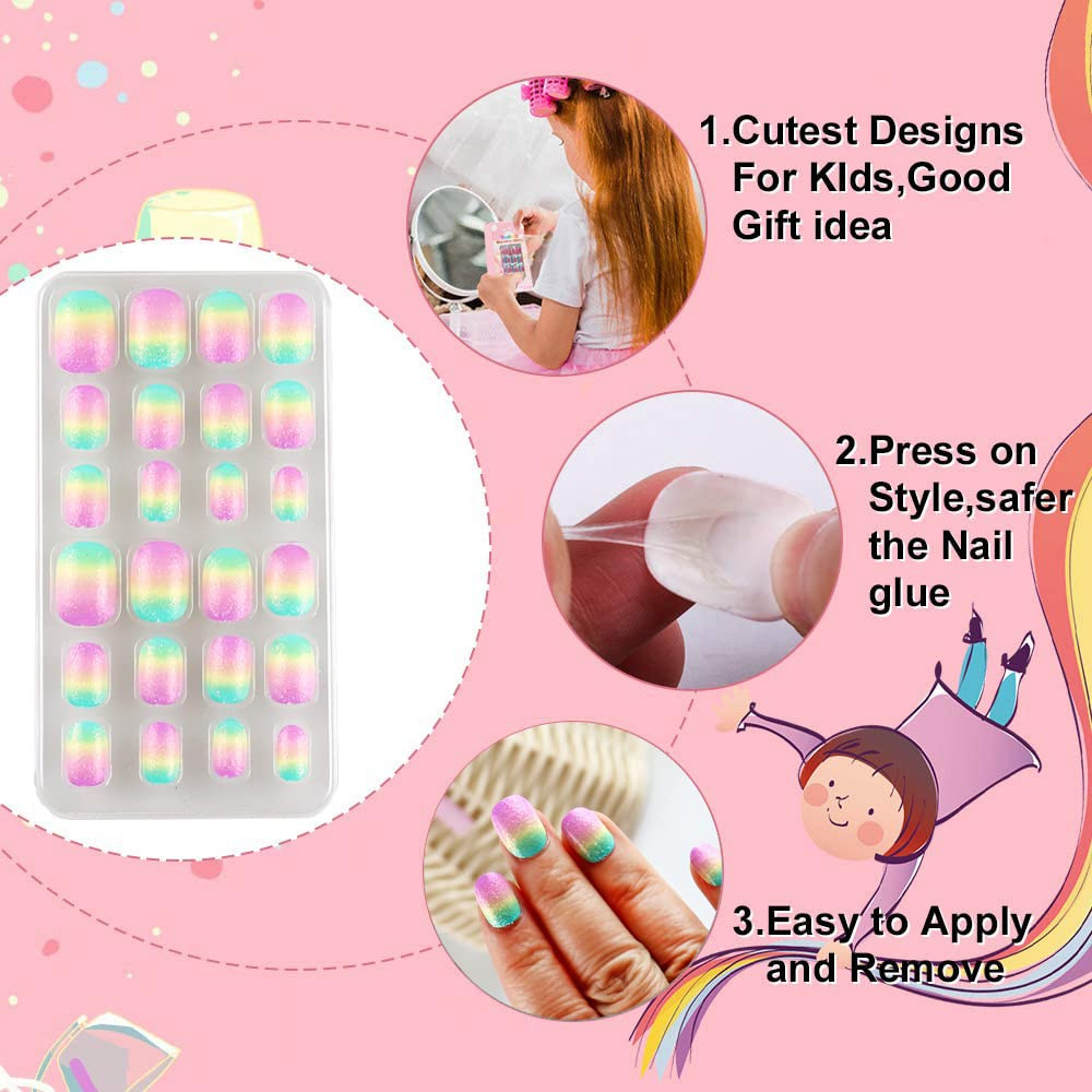 24 Pcs Rainbow Kids Press on Nails for Girls Short Oval | Sparkle Gradient Glitt
