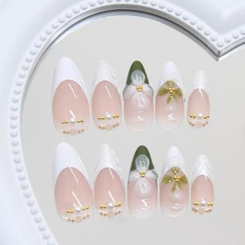 Flower Press on Nails Green Fake Nails Medium 0.04 Fl Oz (Pack of 24) MH19